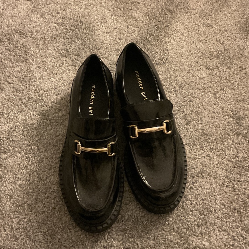 Madden Girl Shiny Black Loafers with Gold Detail